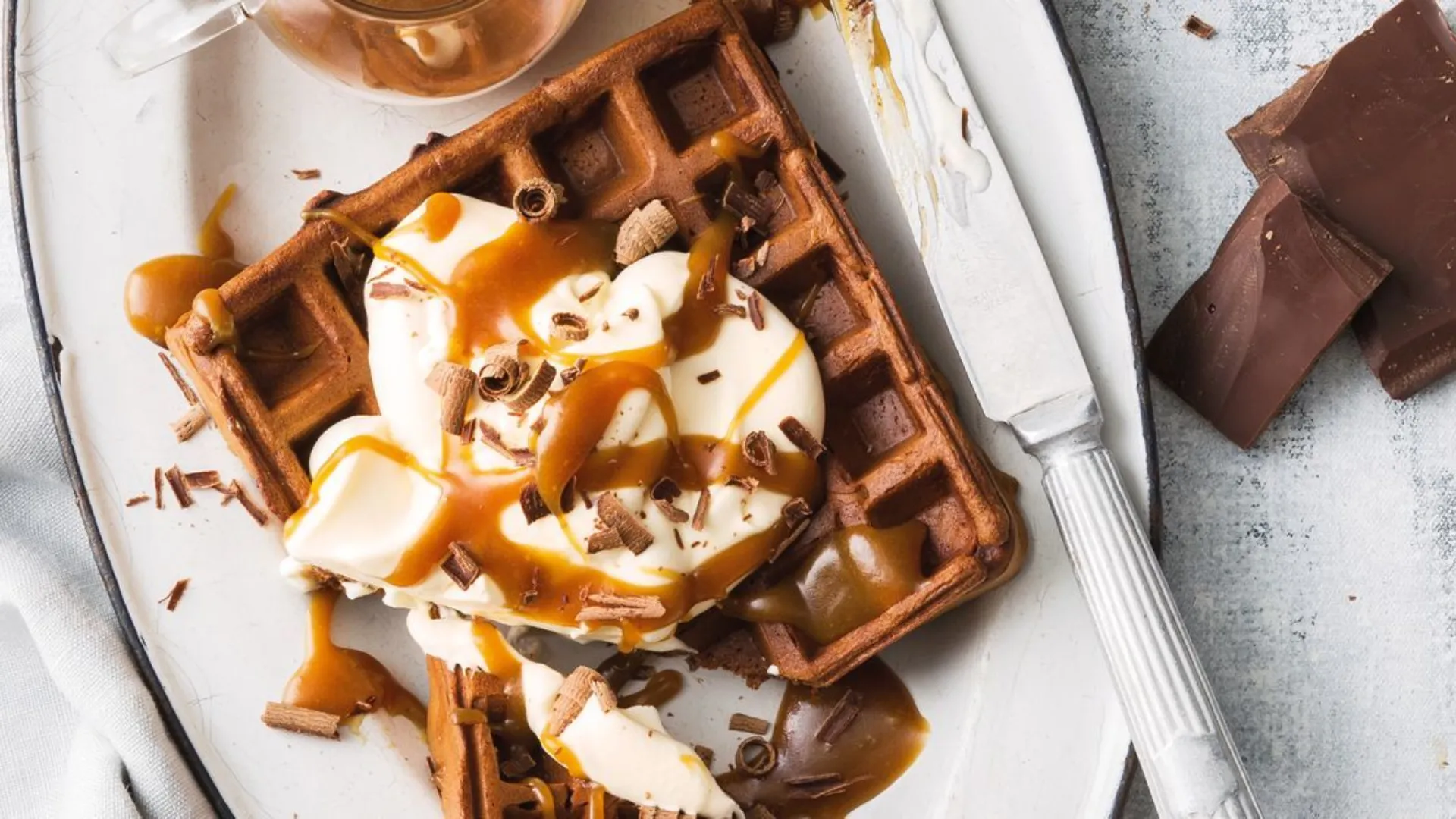 Chocolate waffles with vanilla caramel sauce