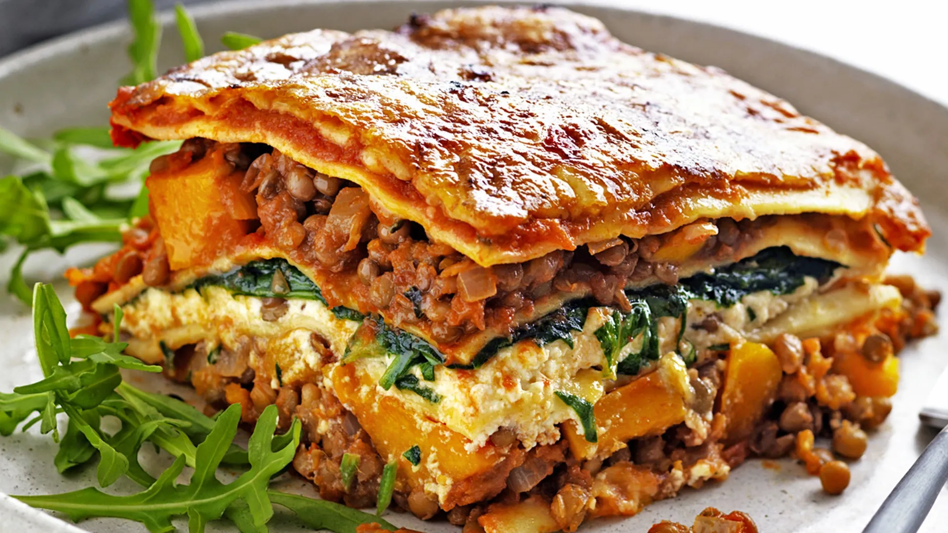 Pumpkin, spinach and lentil lasagne